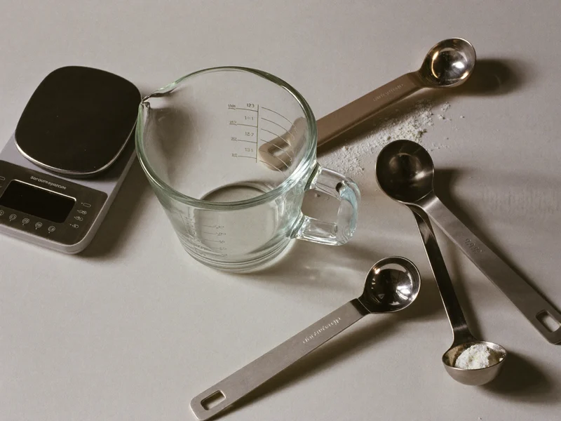Messbecher, Messlöffel und kleine Küchenwaage mit Mehl und Zucker von oben