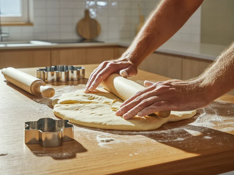 Hände rollen Teig auf bemehlter Arbeitsfläche aus, Ausstecher liegen bereit